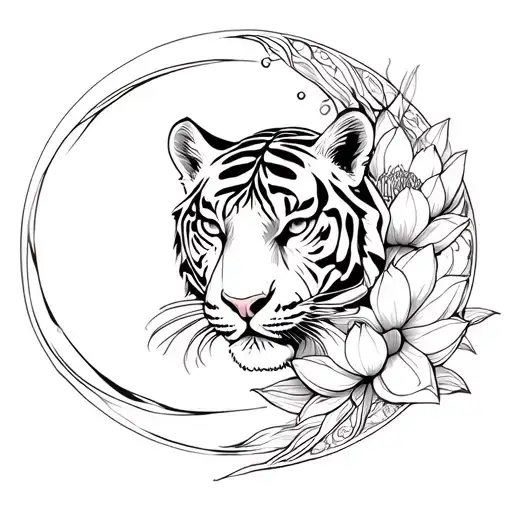 A Tiger Head Inside A Crescent Moon And Lotus Flower