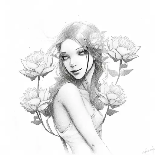 Female Angle Kneeling Holding 6 Flowers With A Male Angle Next To Her Holding Her