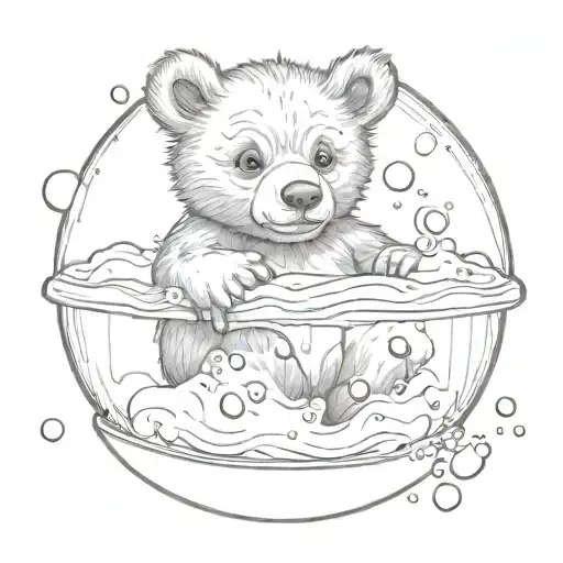 The Bear Cub Is Bathing In A Bubble Bath