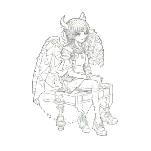 A Girl Sitting On A Chair With Bat Wings