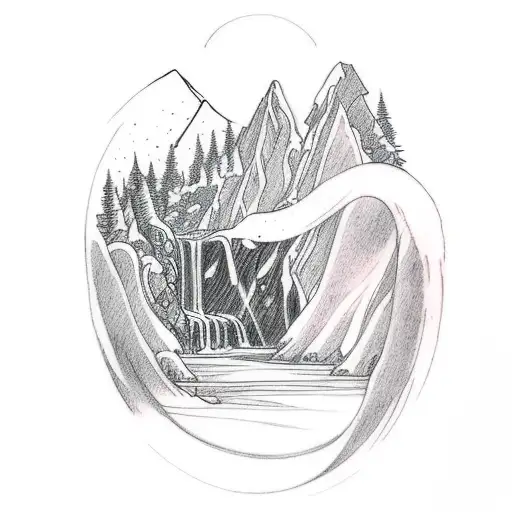 A Tattoo Of A Waterfall Flowing Into A Serene Lake Surrounded By Mountains