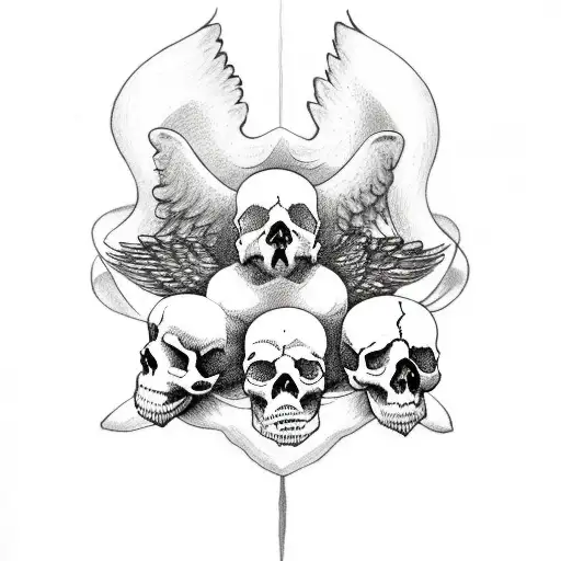 3 Skulls With An Angel On Top Of Them