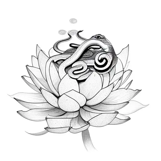 A Snake Coiling Around A Lotus Flower In A Mesmerizing Sketch Style
