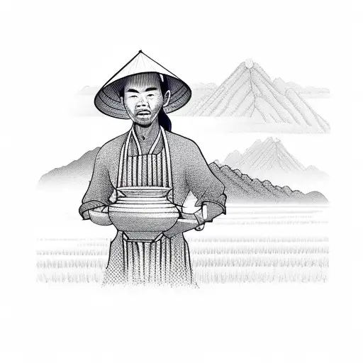 Valley With Rice Field And Farmer Wearing A Tradition Vietnamese Hat On Back