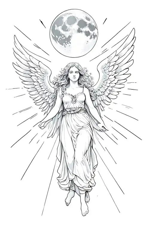 Angel With Resting Wings And Sun Beams Shining Full Moon