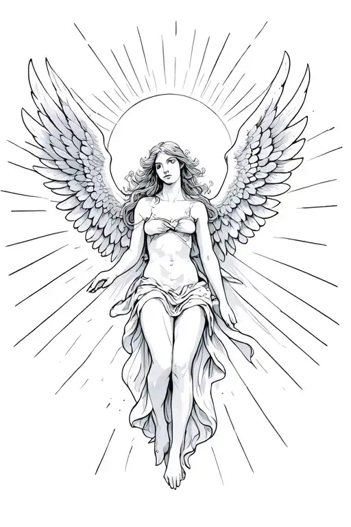 Angel With Resting Wings And Sun Beams Shining