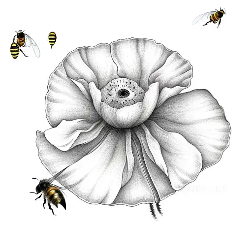 Poppy Flower With Stem With Honey Bee Flying Around It