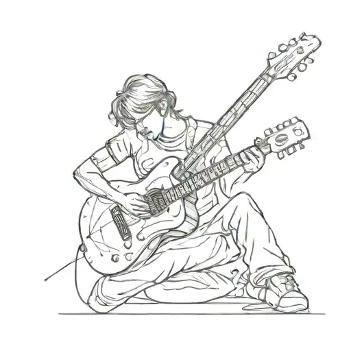 A Sketch Style Tattoo Of A Student Playing A Guitar Surrounded By Minimalist Musical Notes