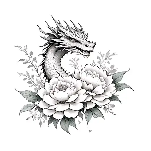 Dragon And Peonies With Flowers