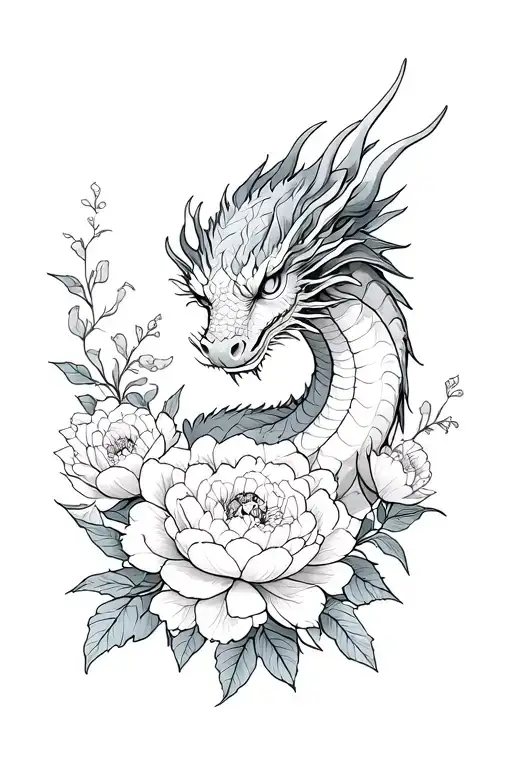 Dragon And Peonies With Flowers