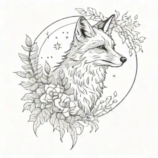 Fox Under The Moon And Stars In Fern Leaves And Flowers