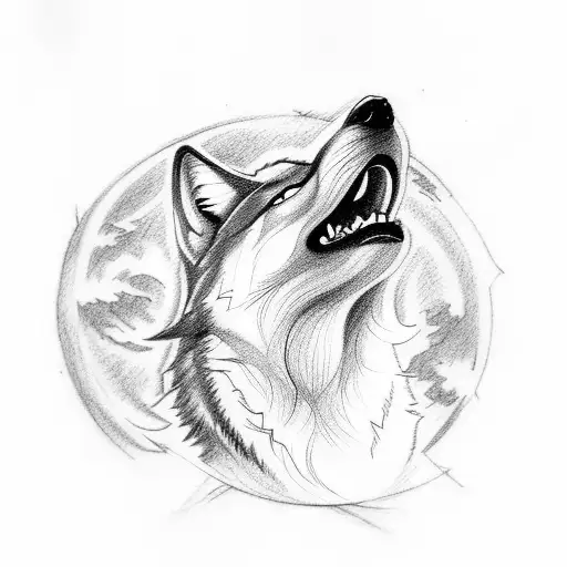 A Sketch-style Tattoo Of A Wolf Howling At The Moon In A Forest