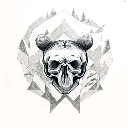 Skull Wearing A Bear Head Red Northern Lights Background With Dead Trees And Mountains