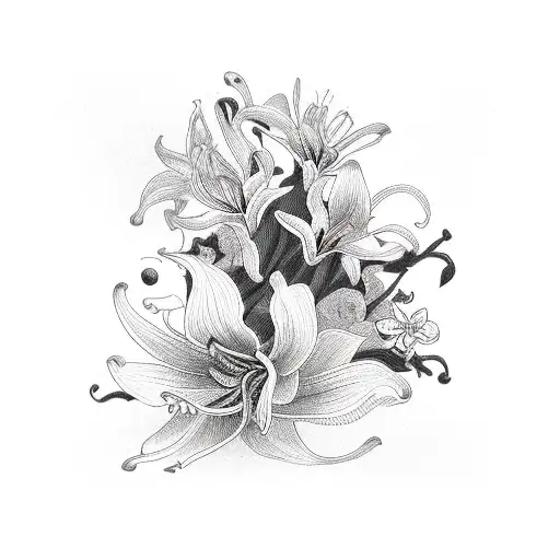 A Mesmerizing Blackwork Design Of A Vintage Camera Surrounded By Delicate Tiger Lilies And Orchids