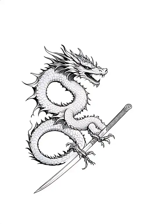 Back Tattoo Of Dragon With A Japanese Sword Down The Middle