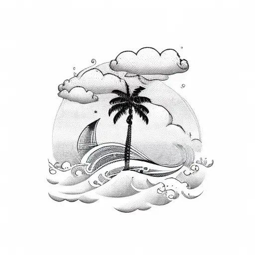 Palm Tree With Airplane And Waves