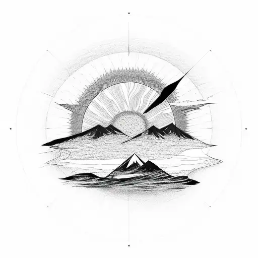 Mountains With Sun And Water In A Circular Shape