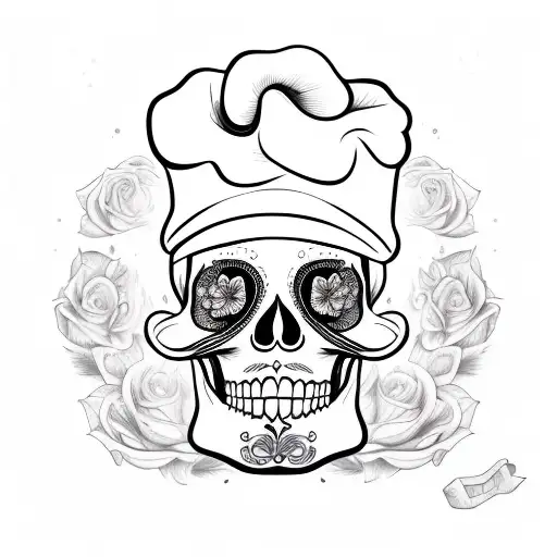 A Sketch-style Tattoo Of A Sugar Skull Wearing A Chef Toque