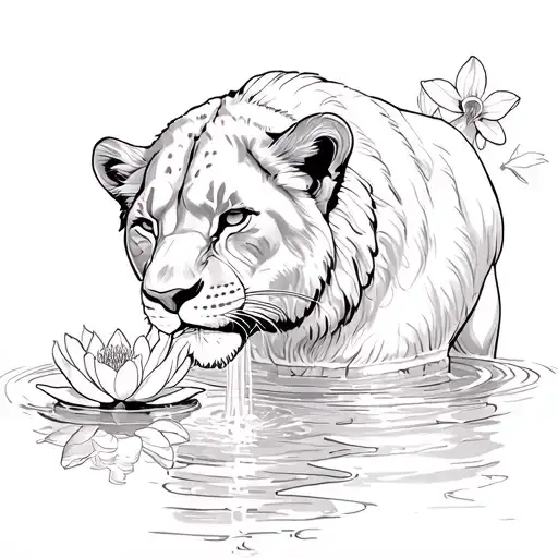 Lioness Drinking From Water Fountain Add Water Lilies And Orchids