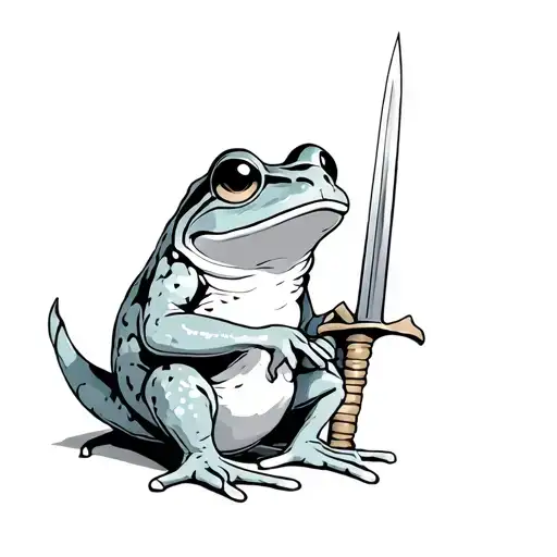 Cute Frog With Little Sword In The Hand Sitting Alone