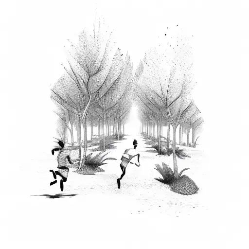 A Detailed Sketch Of A Person Running Through A Forest