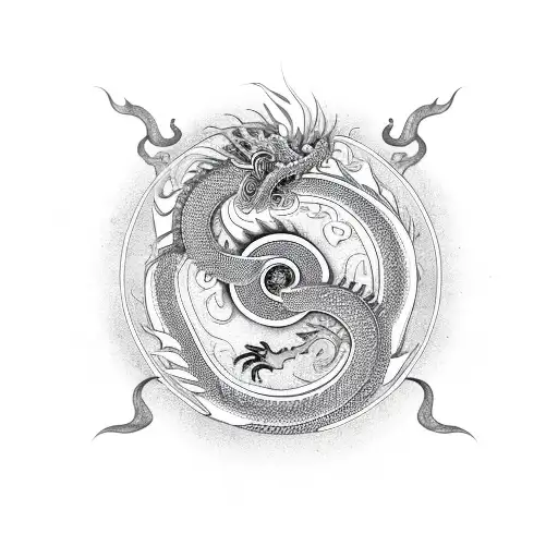 Chinese Dragon With Cobra And Yin And Yang Symbol
