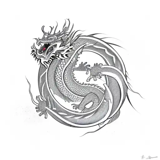 Chinese Dragon With Cobra And Yin And Yang Symbol
