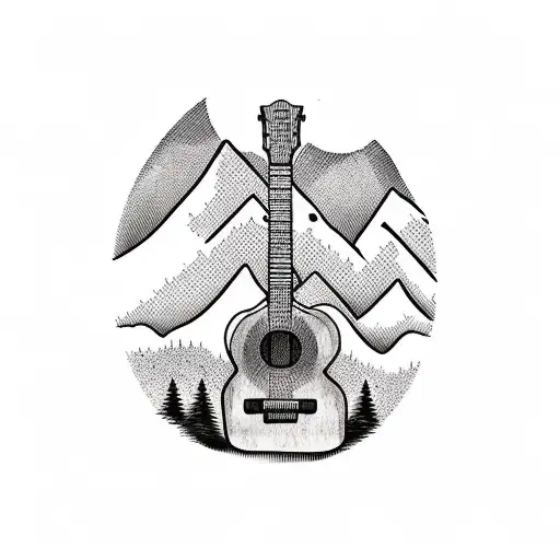 A Minimalist Tattoo Of A Guitar With A Landscape Of The Alps In The Background