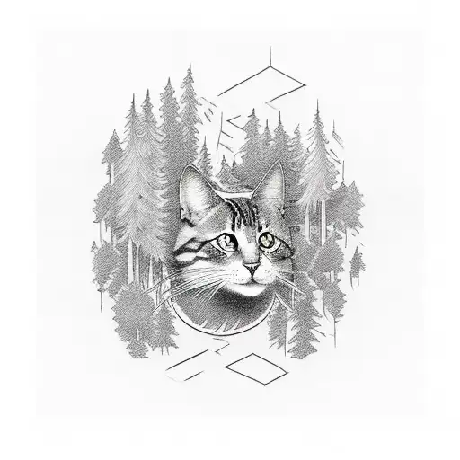 A Majestic Blackwork Tattoo Of A Cat Playing A Musical Instrument Amidst A Forest Of Trees