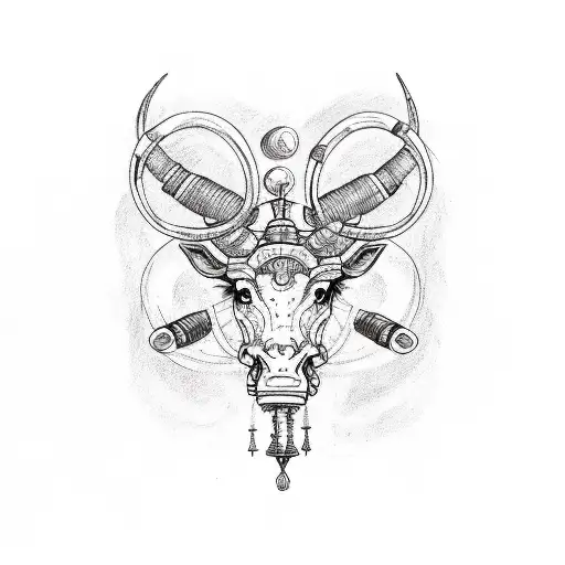 A Sketch Tattoo Of A Taurus Zodiac Symbol Surrounded By Musical Instruments