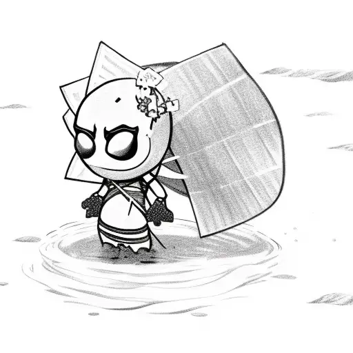 Chibi Deadpool In A Hula Skirt Holding A Leaf Helping A Baby Turtle Get In The Ocean