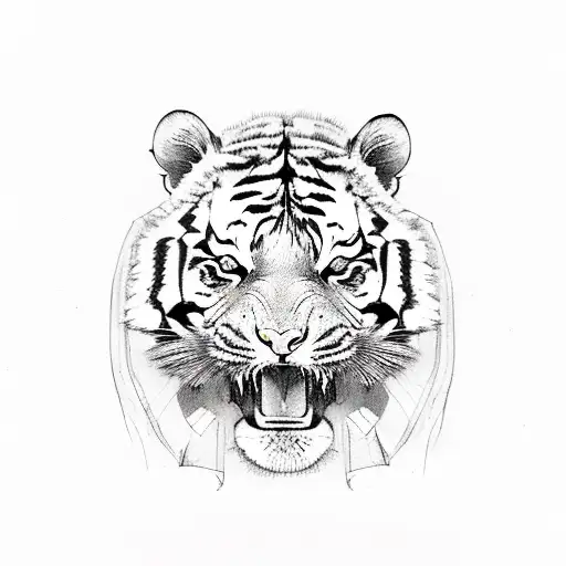 A Sketch-style Tiger Emerging From A Bed Of Wildflowers