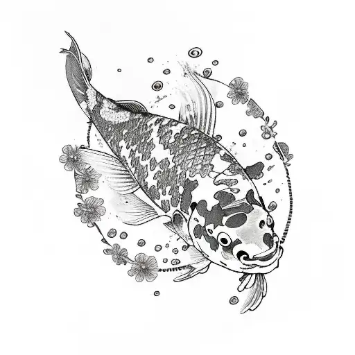 Koi Fish Going Up The Left Arm To The Shoulder With Many Flowers Around