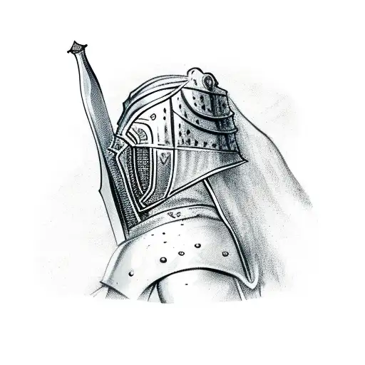 Knight With Sword To Sky And Cape On A Mountain Looking Upwards