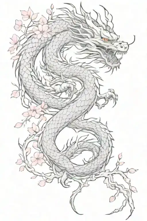 Black And White Chinese Dragon Entangled In Branches And Foliage Of Pink Sakura