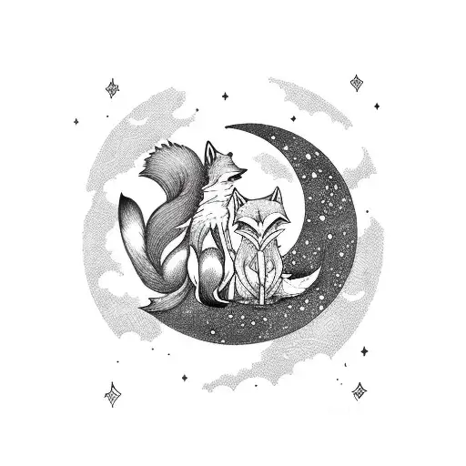 A Fox And A Kitsune Sitting Together Under A Crescent Moon