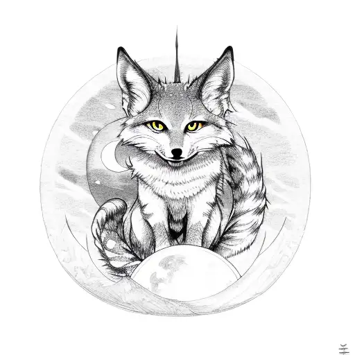 A Kitsune Sitting Together Under A Crescent Moon