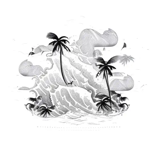 A Tribal-inspired Design Of Crashing Ocean Waves With Palm Trees In The Foreground