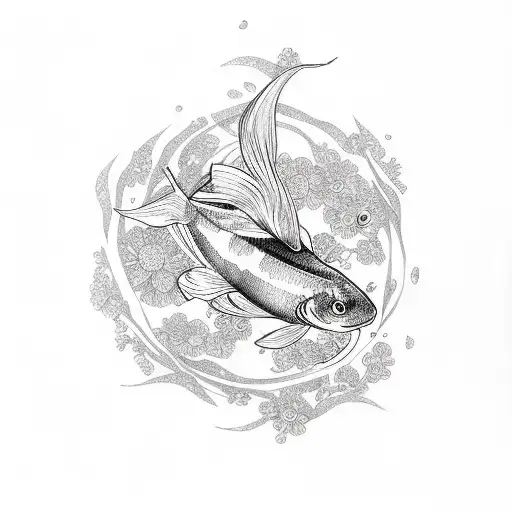 Fish Koi In Flowers Lotos