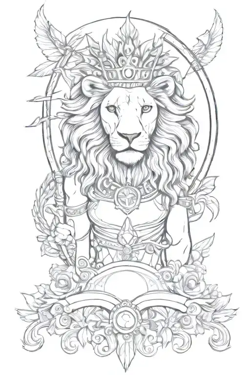 Lion With Crown On Head With Themis S The Goddess And Indians Gril With Wings And Bow And Arrow