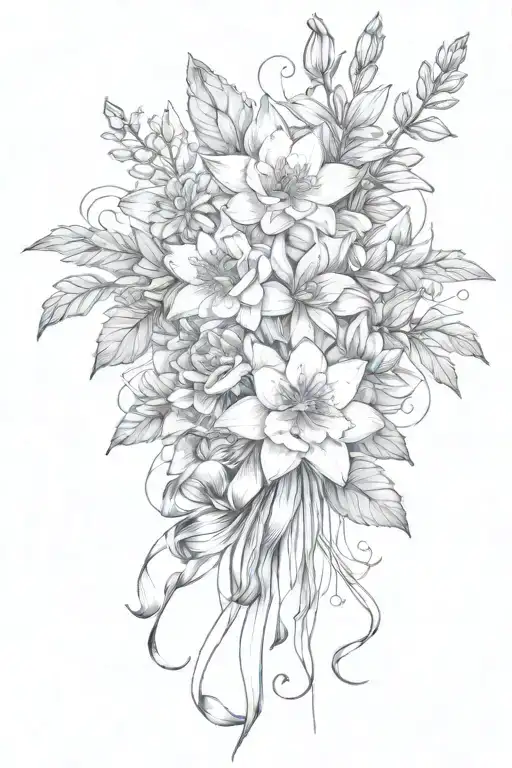 Larkspur And Water Lily Boquet Held Together Wrapped In A Bow Fine Line