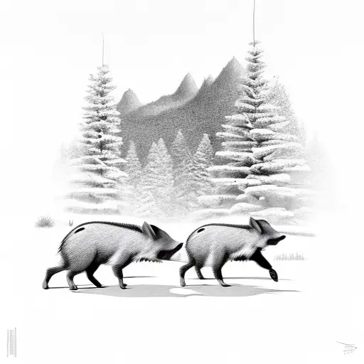 Two Wild Hogs Walking Through Pines And A Mountain In Behind