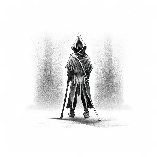 Grim Reaper With Hood From Behind Focus On The Weapon
