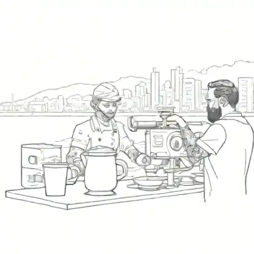 A Sketch Of A Barista Brewing Coffee With The Skyline Of Hatay In The Background
