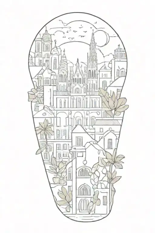 Abstract Tattoo Design Featuring A Combination Of Barcelona Landmarks And Spanish Plants