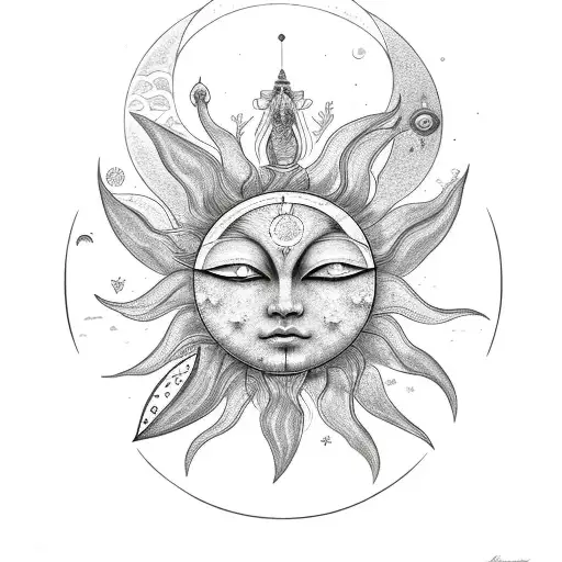 Sun And Moon With Goddess Like Face And Third Eye