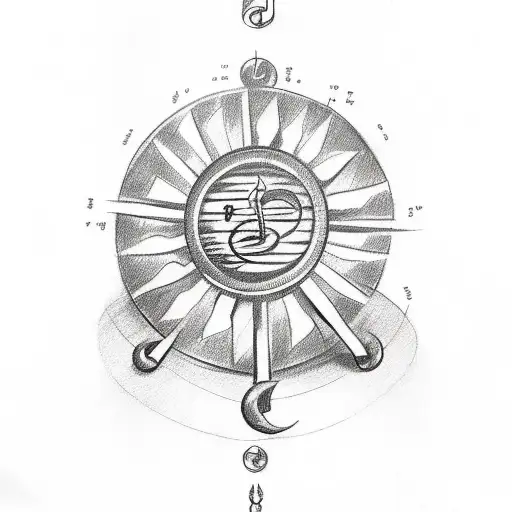 A Sketch Tattoo Of A Dumbbell With Musical Notes And A Sun Incorporated Into The Design