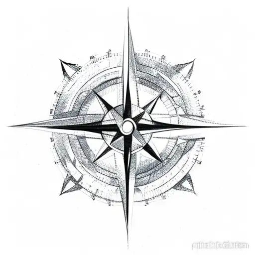 A Minimalistic Sketch Of A Compass Surrounded By Mountain Silhouettes