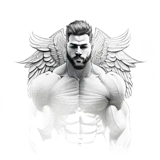 Buff Guy Kneeling Down Facing Forward With Wings