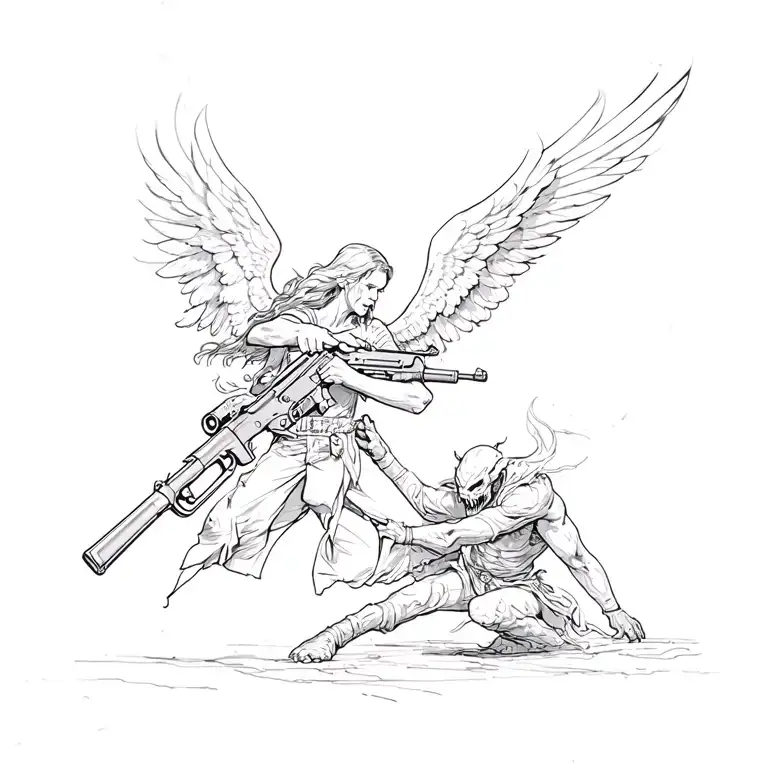 An Angel Fighting Off A Demon With A Modern Rifle
